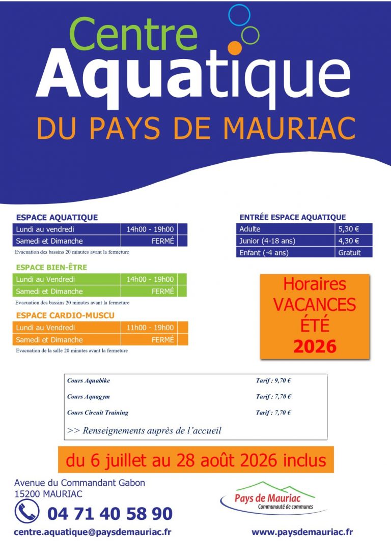 Centre Aquatique - Horaires été 2026
