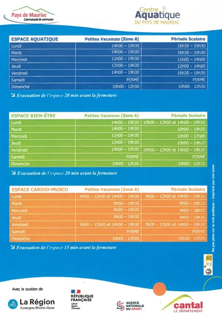 horaires piscines Mauriac 2026 - 2027